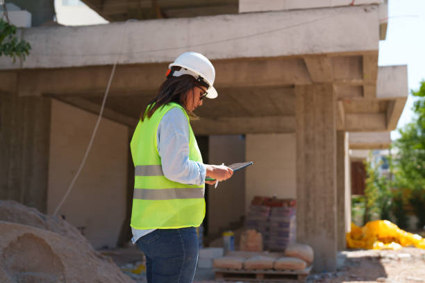 istock Woman wearing protective white helmet, using digital tablet at the construction site 1584683858