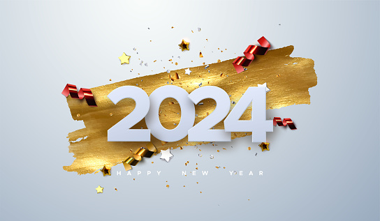 Happy New 2024 Year. Vector holiday illustration of paper cut numbers with sparkling confetti particles, golden stars and streamers. Festive event banner. Decoration element for poster or cover design