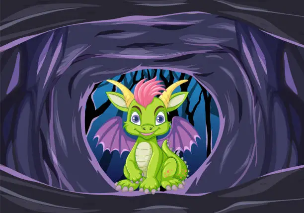 Vector illustration of Cute Dragon in the Cave