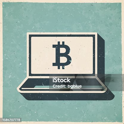 istock Laptop with Bitcoin sign. Icon in retro vintage style - Old textured paper 1584707778