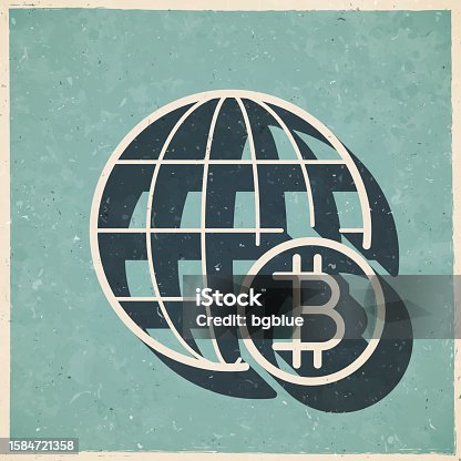 istock Globe with Bitcoin sign. Icon in retro vintage style - Old textured paper 1584721358