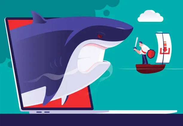 Vector illustration of businessman holding sword and standing in sailboat and meeting angry shark on laptop