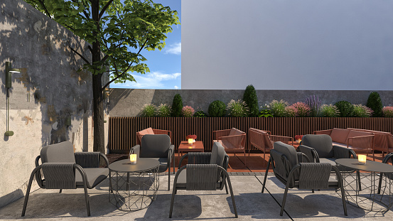 Cafe/Restaurant Outdoor Seating Area. Interior design. Computer generated image. Architectural Visualization. 3D rendering.