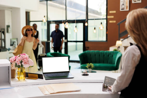 istock Laptop with isolated display in lobby 1584768354