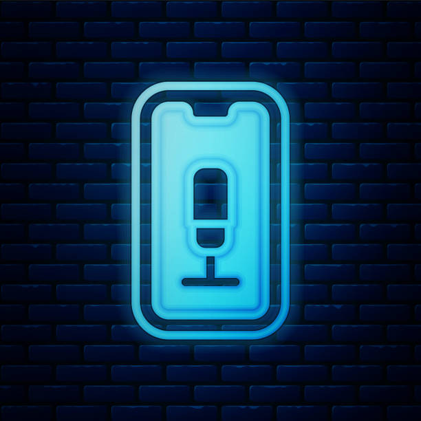 ilustrações, clipart, desenhos animados e ícones de ícone de gravação móvel de neon brilhante isolado no fundo da parede de tijolos. celular com microfone. gravador de voz app interface smartphone. vetor - 7651