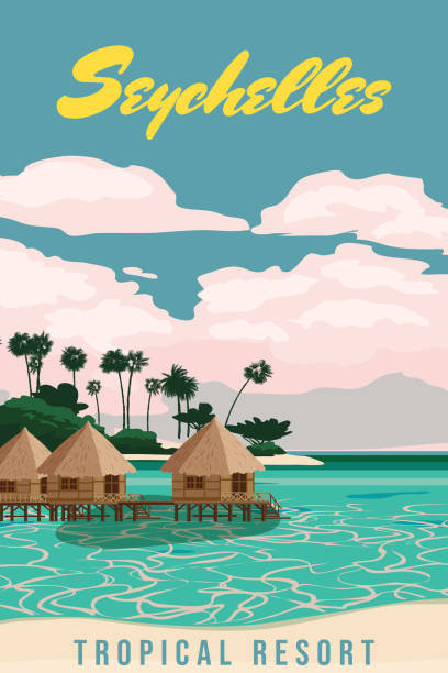 Travel poster Seychelles vintage. Paradise resort with coast beach bungalow straw, ocean, coast. Retro style illustration vector postcard