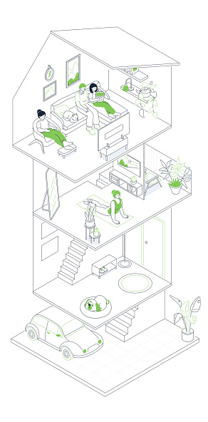 Multi-storey building - modern line design style isometric illustration on white background. Composition with different rooms, family leisure. Parking in garage, doing yoga, watching TV, dog sleeping