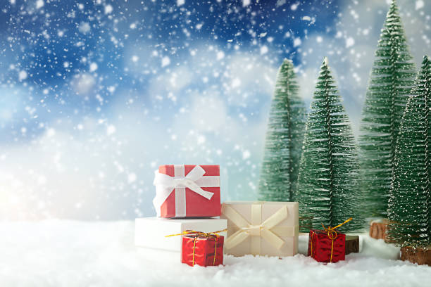 istock Christmas presents, Christmas tree and snow. Christmas background. 1584776528