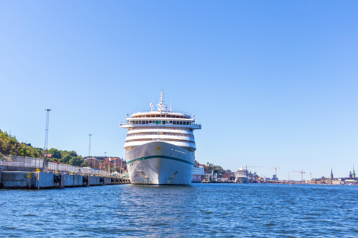 Stockholm, Sweden August 13., 2022 - The Viking Jupiter, the flagship of the Viking Ocean Cruises fleet docked in Stockholm