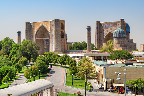 Awesome view of the Bibi-Khanym Mosque in Samarkand, Uzbekistan. The mosque is a popular tourist attraction of Central Asia.
