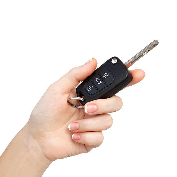 istock woman hand on isolated background holding car key 158478532