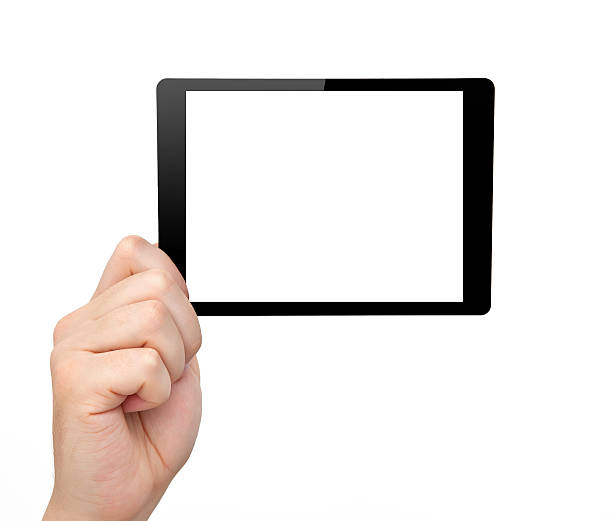 femme main tenir un mini une tablette avec écran isolé - newspaper digital tablet digitally generated image note pad photos et images de collection