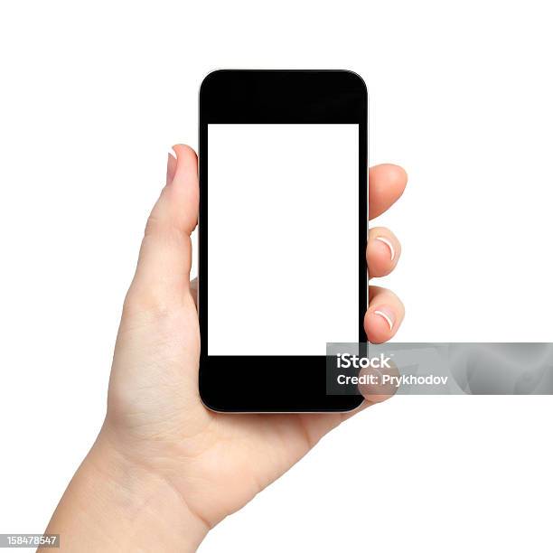 Isolated Woman Hand Holding The Phone Tablet Touch Computer Gadg Stock Photo - Download Image Now