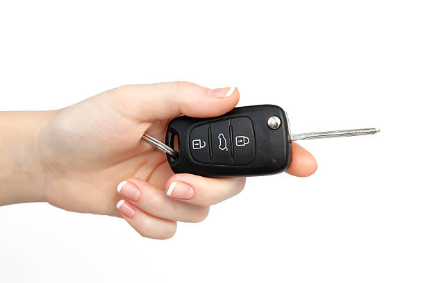 istock woman hand on isolated background holding car key 158478548