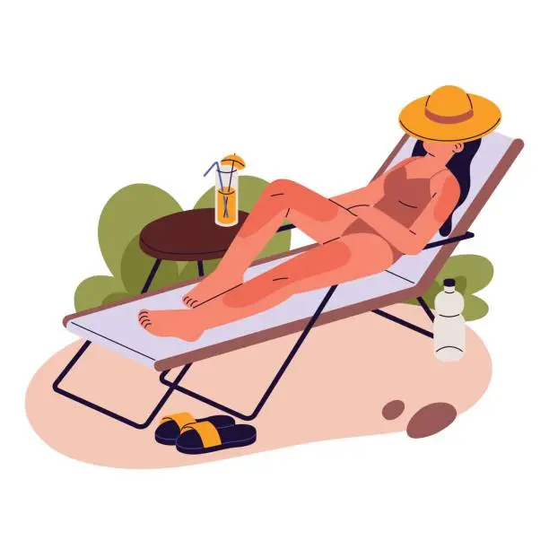 Vector illustration of Sunbathing on beach during heat. Woman with sunburns, sun burns, suntan, red UV spots on damaged skin, sleeping on chaise longue in hot summer. Flat vector illustration isolated on white background