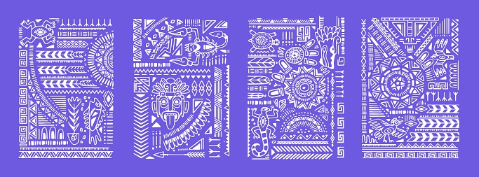istock Ethnic posters set. Ancient Aztec tribal cards, interior wall arts with Navajo symbols. Mexican ornaments, patterns, vertical decorations with shapes, lines, elements. Drawn vector illustrations 1584792788