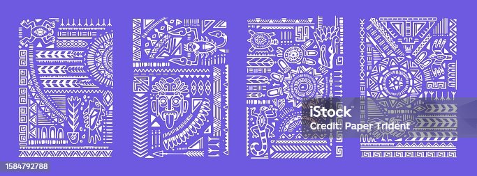 istock Ethnic posters set. Ancient Aztec tribal cards, interior wall arts with Navajo symbols. Mexican ornaments, patterns, vertical decorations with shapes, lines, elements. Drawn vector illustrations 1584792788