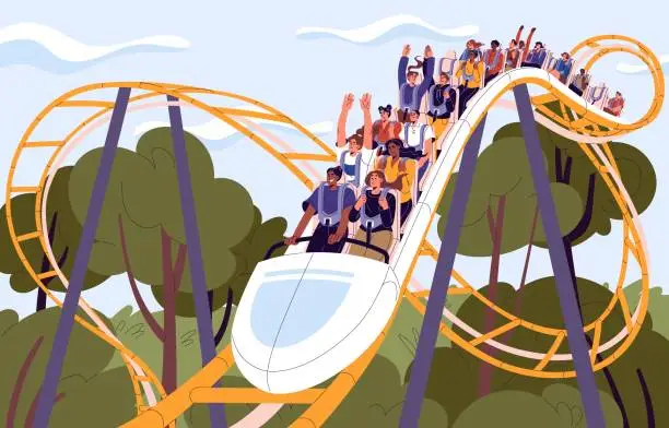 Vector illustration of People ride on roller coaster. Fun vacation in amusement park, extreme entertainment, attractions give happy, joy, scream, excited to men, women. Summer holidays with company. Flat vector illustration