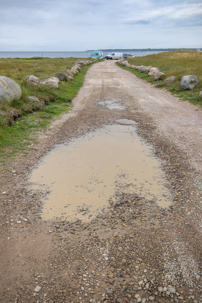 Dirt road with a large puddle ending at the coast of Oresund (Øresund) at the peninsula called Falsterbo in the south of Sweden