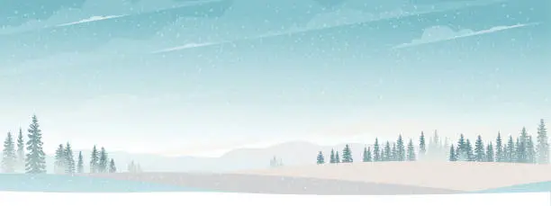 Vector illustration of Winter with Snowy Mountains landscape Forest Pines Tree and Field.Vector Banner Cartoon Horizon  Beautiful Natural Scenery for New Year,Christmas background,Web Banner,Calendar Cover,Greeting card