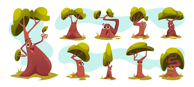 Tree character. Plants with expression faces old and young fairytale trees exact vector fantasy illustrations. Character tree plant, face mascot environment