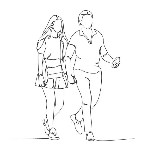 Vector illustration of Young couple walking. Hold hands and phones. Wearing summer casual clothing. Continuous line drawing. Black and white vector illustration in line art style.