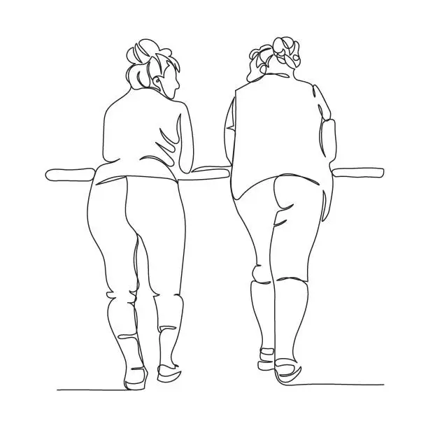Vector illustration of 2 senior women standing and talking with their hands on the rail. Back view. Continuous line drawing. Black and white vector illustration in line art style.