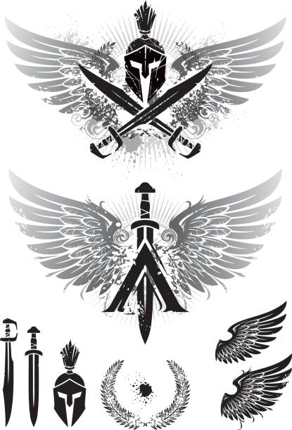 ilustraciones, imágenes clip art, dibujos animados e iconos de stock de alas de esparta - grunge shield coat of arms insignia