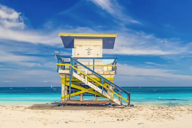 wooden lifeguard tower in Art deco style at south beach, Miami, USA