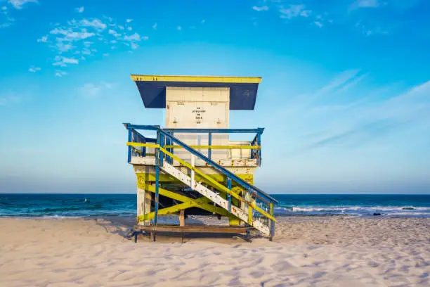wooden lifeguard tower in Art deco style at south beach, Miami, USA