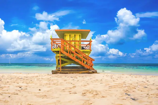 life guard tower on South Beach, Miami, Florida in sunset