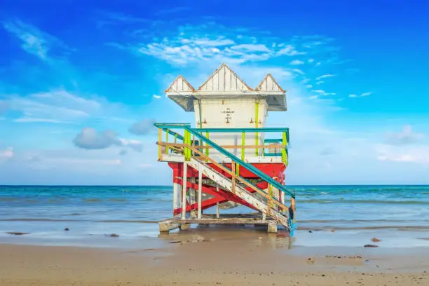 scenic life guard tower at south beach in miami beach at ocean drive, miami, USA