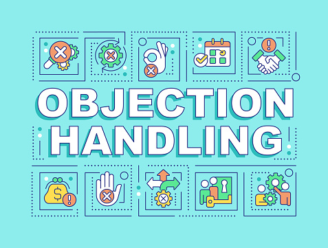 Objection handling word concepts light blue banner. Sales technique. Infographics with editable icons on color background. Isolated typography. Vector illustration with text. Arial-Black font used