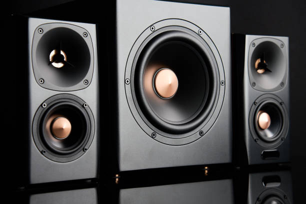 istock Sound audio system with two satellites and subwoofer on dark background. 1584852429