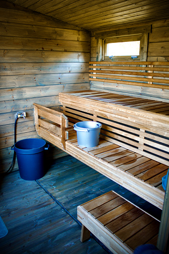 Sauna interior in Finland, Outdoor saun. Buckets, Bench