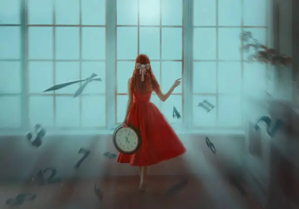 Concept woman and time is fleeting. Fantasy girl princess holds clock in hands. Lady stands looks at panoramic window waiting for love. Women's back rear view magic sun light levitation number digits. art gothic mystery silhouette