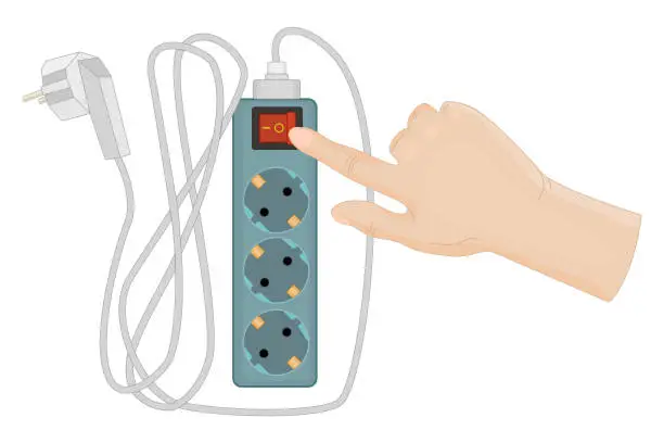 Vector illustration of Electric extension and finger pressing the button on electric extension cord isolated on white background.