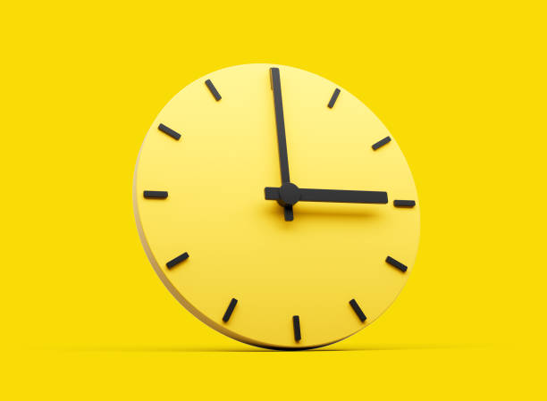 istock 3d Simple Yellow Round Wall Clock 3 O'Clock Three O'clock On Yellow Background 3d illustration 1584871971