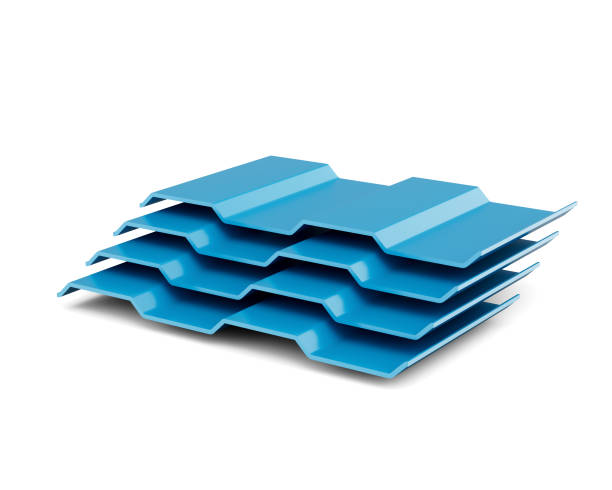 3d mar azul pilhas metálicas de ferro galvanizado corrugado para telhado folhas ilustração 3d - sheet metal aluminum wall architecture - fotografias e filmes do acervo