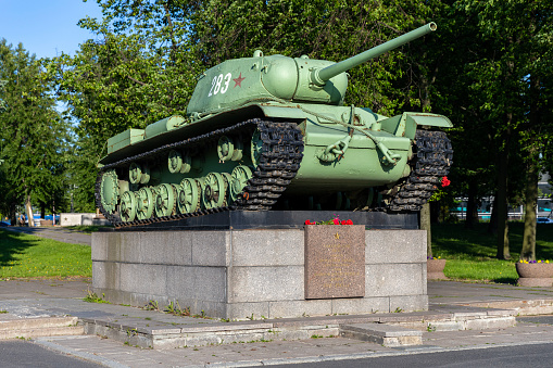Saint Petersburg-Russia - 15.06.2023: Monument to the tank. KV-85 tank.