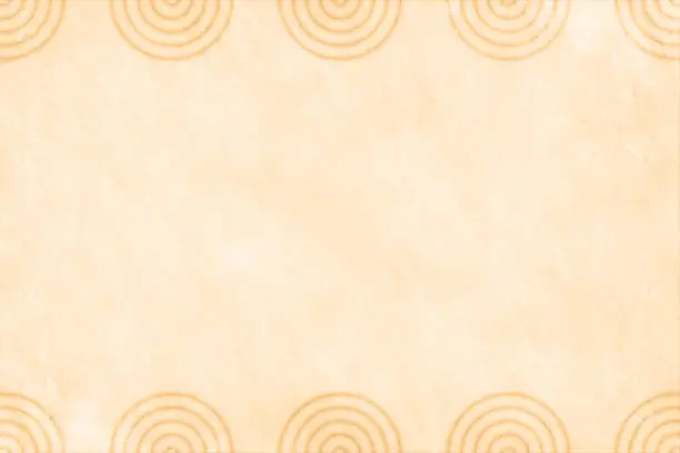 Vector illustration of Horizontal blank empty faded rough light brown beige or fawn or neutral colored vector background with halved concentric semi circles in same shade on top and bottom edge border making a semi seamless pattern, the design seamless and the grunge is not