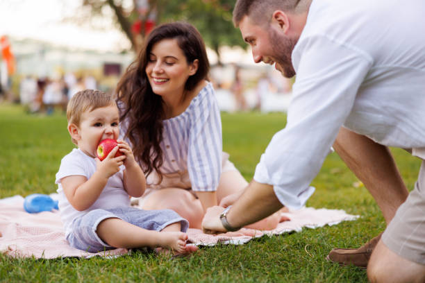 istock Baby boy eating an apple while on a picnic with parents 1584899665