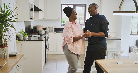 Kitchen Dancing Love And African Couple Smile At New Home With Cute Fun ...