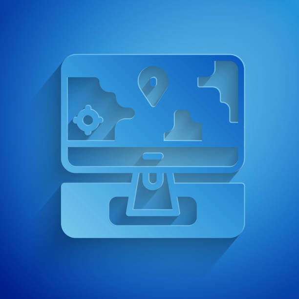 istock Paper cut Computer monitor and folded map with location marker icon isolated on blue background. Paper art style. Vector 1584927044