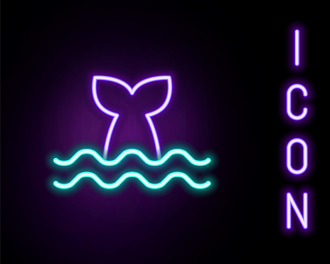 Glowing neon line Whale tail in ocean wave icon isolated on black background. Colorful outline concept. Vector.