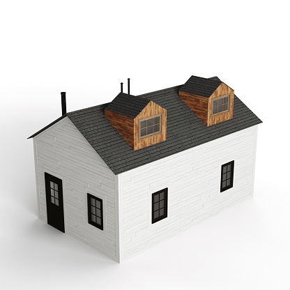A 3D rendering of a miniature house model isolated on a white background