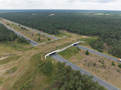 Top down aerial view on the Ecoduct Kootwijkerzand in Stroe, The Netherlands.
