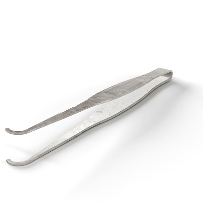 3D rendering of a pair of metal tweezers isolated on a plain white background