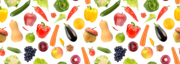 istock Seamless pattern of vegetables, fruits and berries isolated on white 1584947909