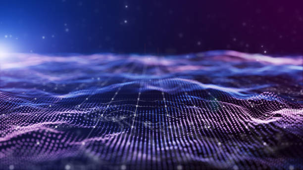 istock Futuristic flying over 3D blue digital landscape mountain terrain abstract technology background. 1584949489